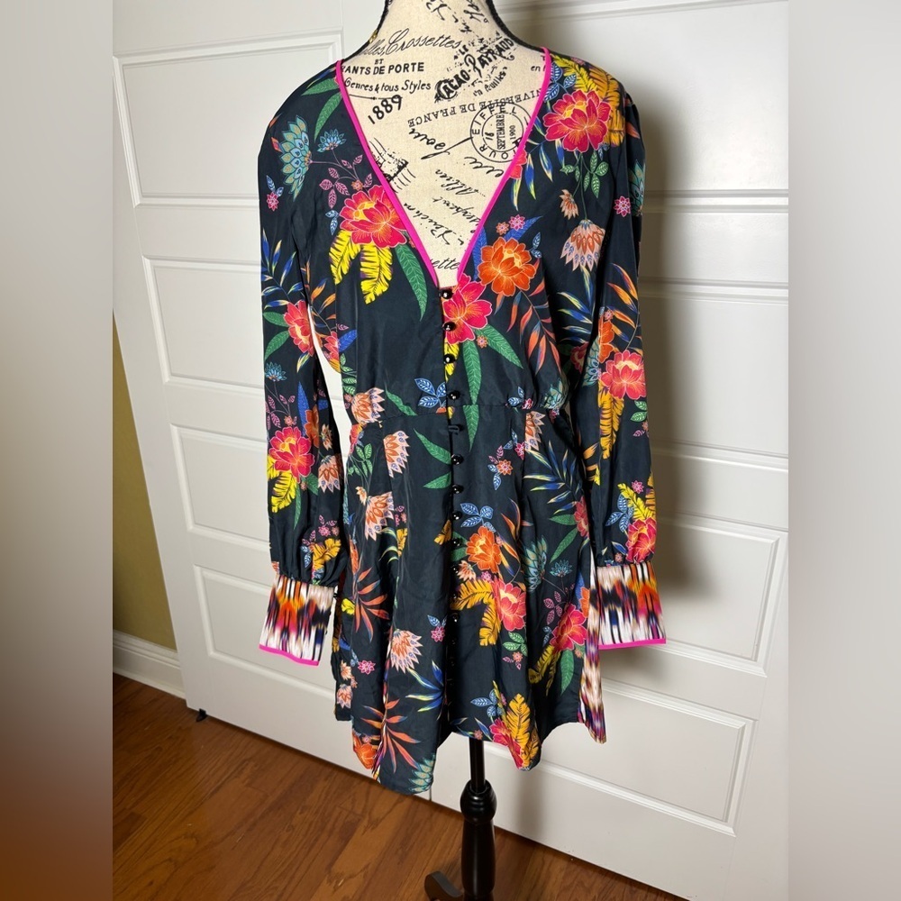 Le Superbe Floral Tropical Tunic Dress Black Pink Button Front Mini Size 6